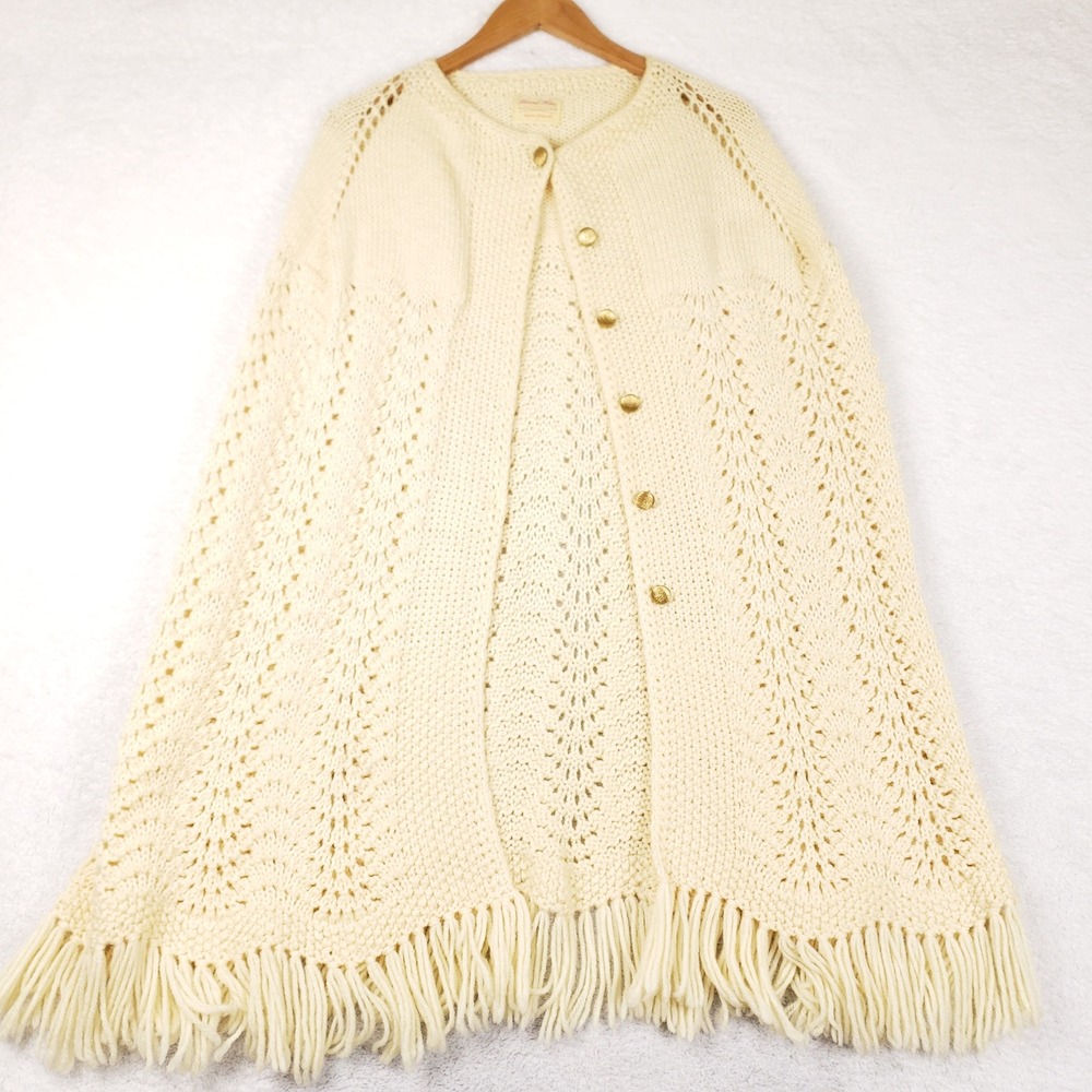 Marion Witherell VTG Hand Knit Cape Cream Pointelle Fringe Gold Button One Size